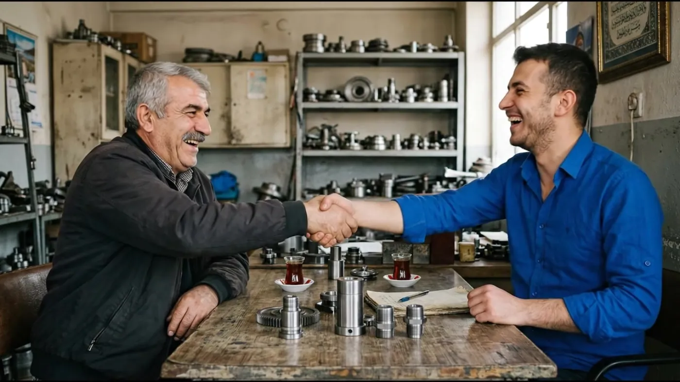 Atölye masasında el sıkışan iki kişi